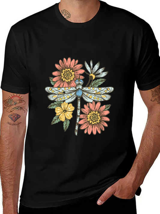Dragonfly Floral Graphic Tee - Trendy Casual Top