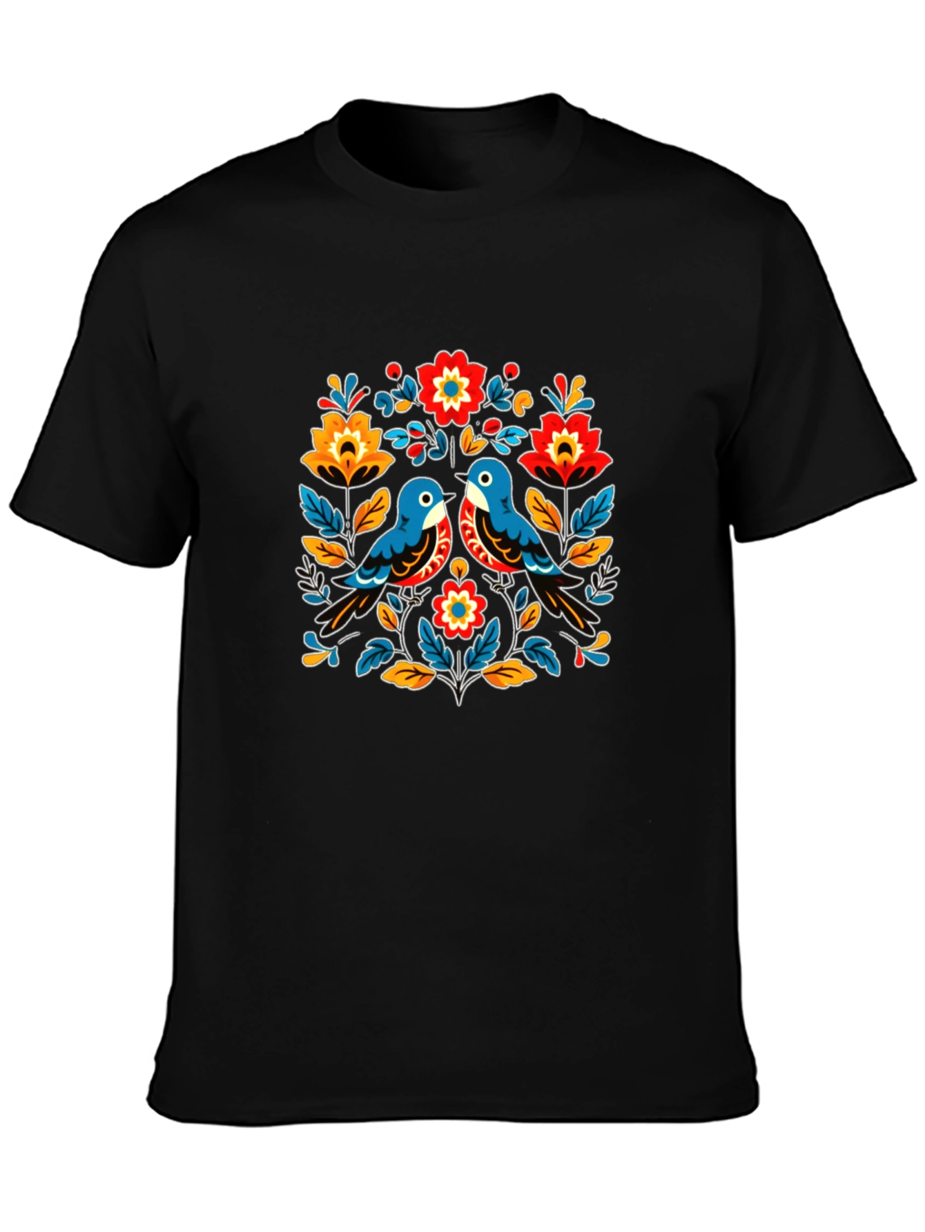 Floral Bird Graphic Tee - Black Casual T-Shirt