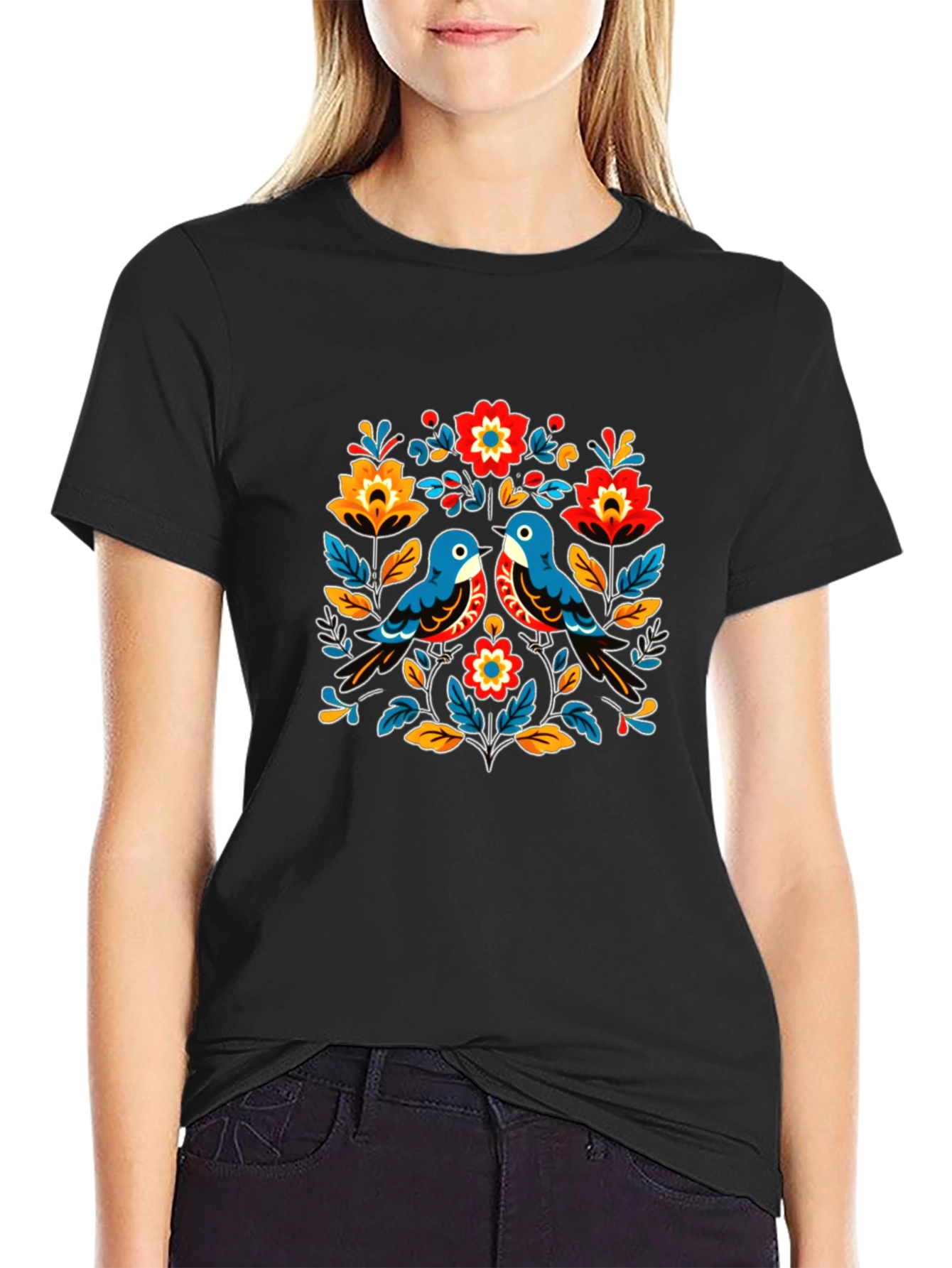 Floral Bird Graphic Tee - Black Casual T-Shirt