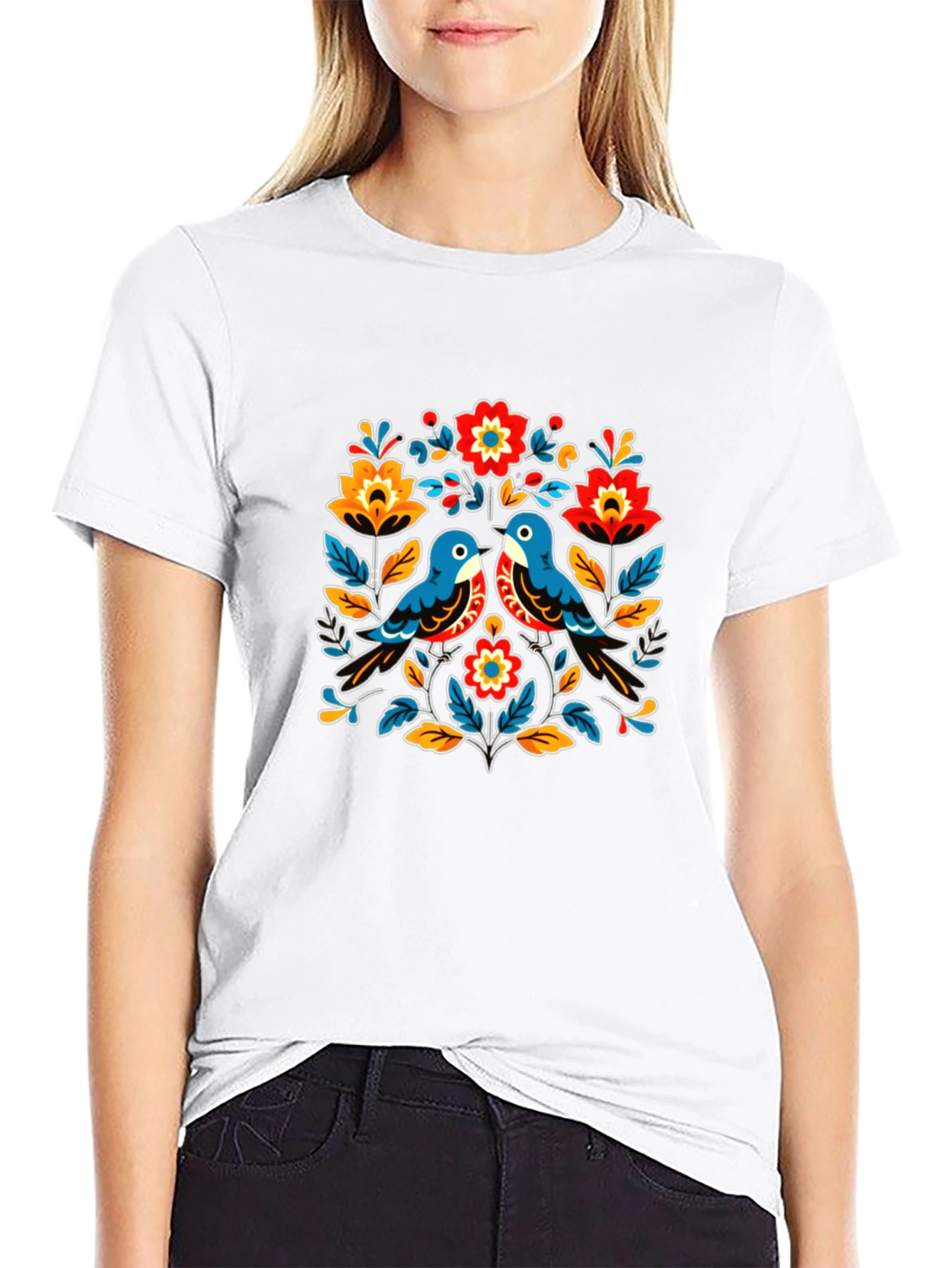 Floral Bird Graphic Tee - Black Casual T-Shirt