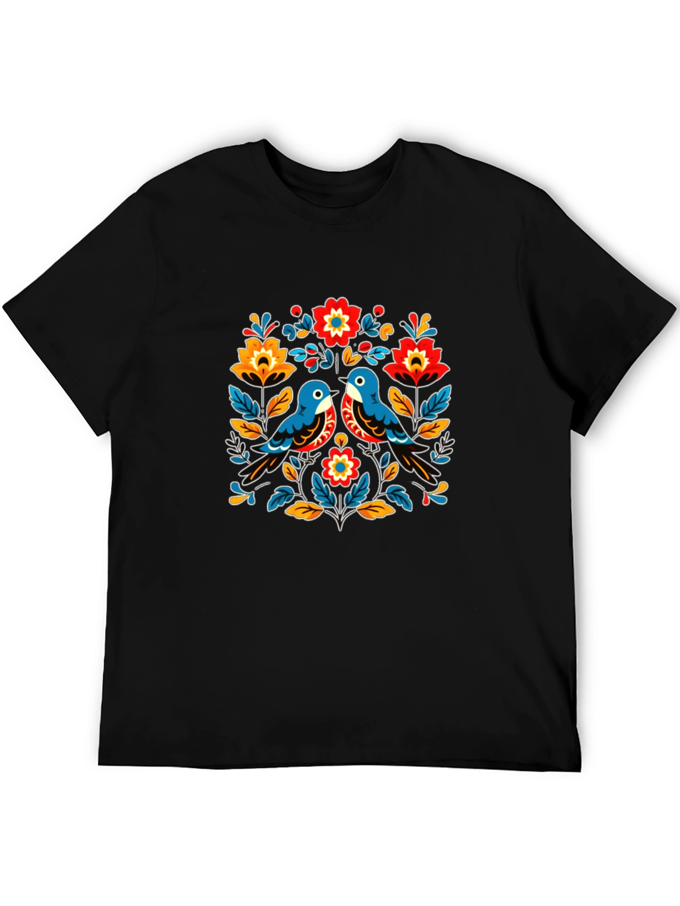 Floral Bird Graphic Tee - Black Casual T-Shirt