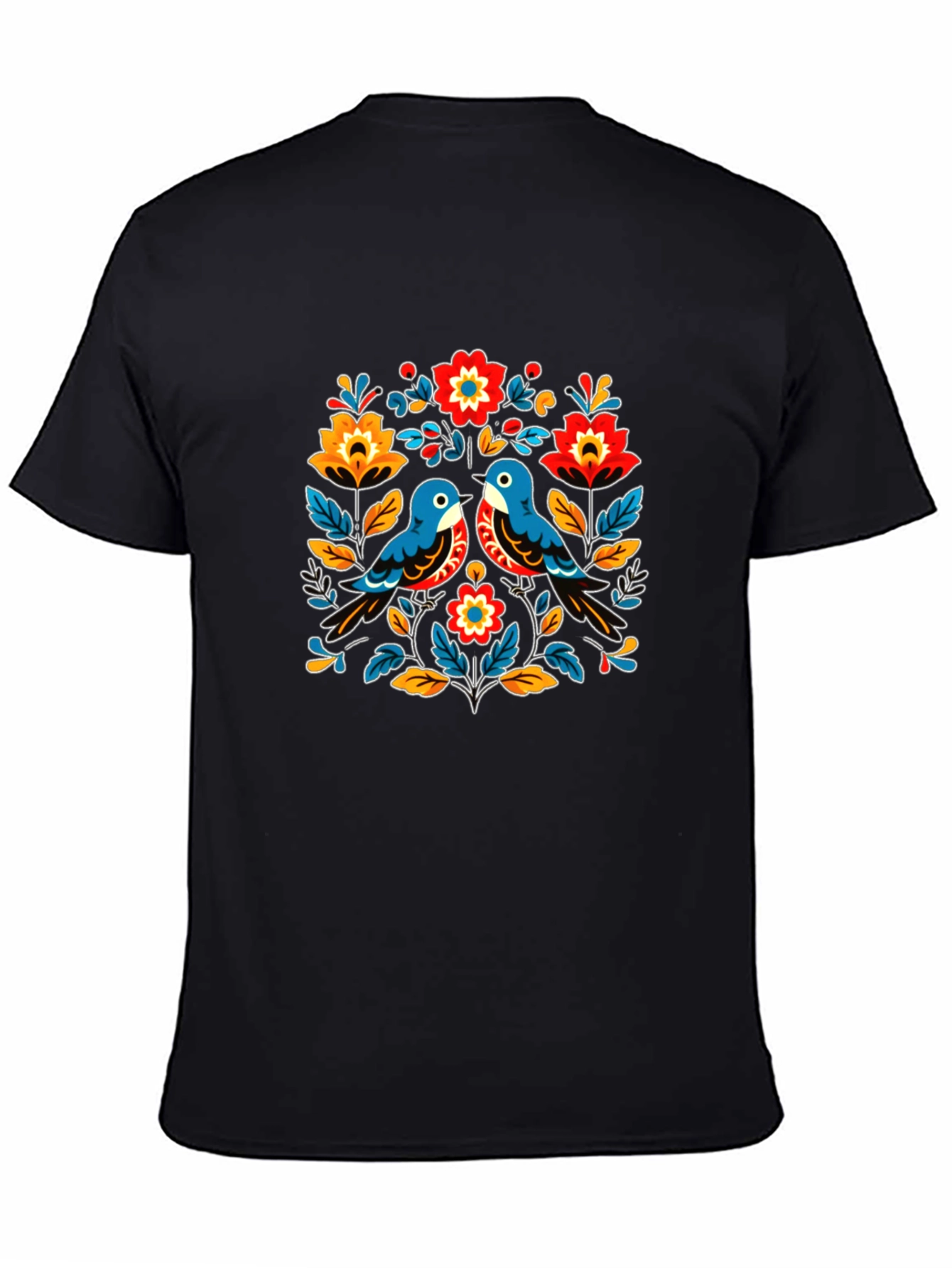 Floral Bird Graphic Tee - Black Casual T-Shirt