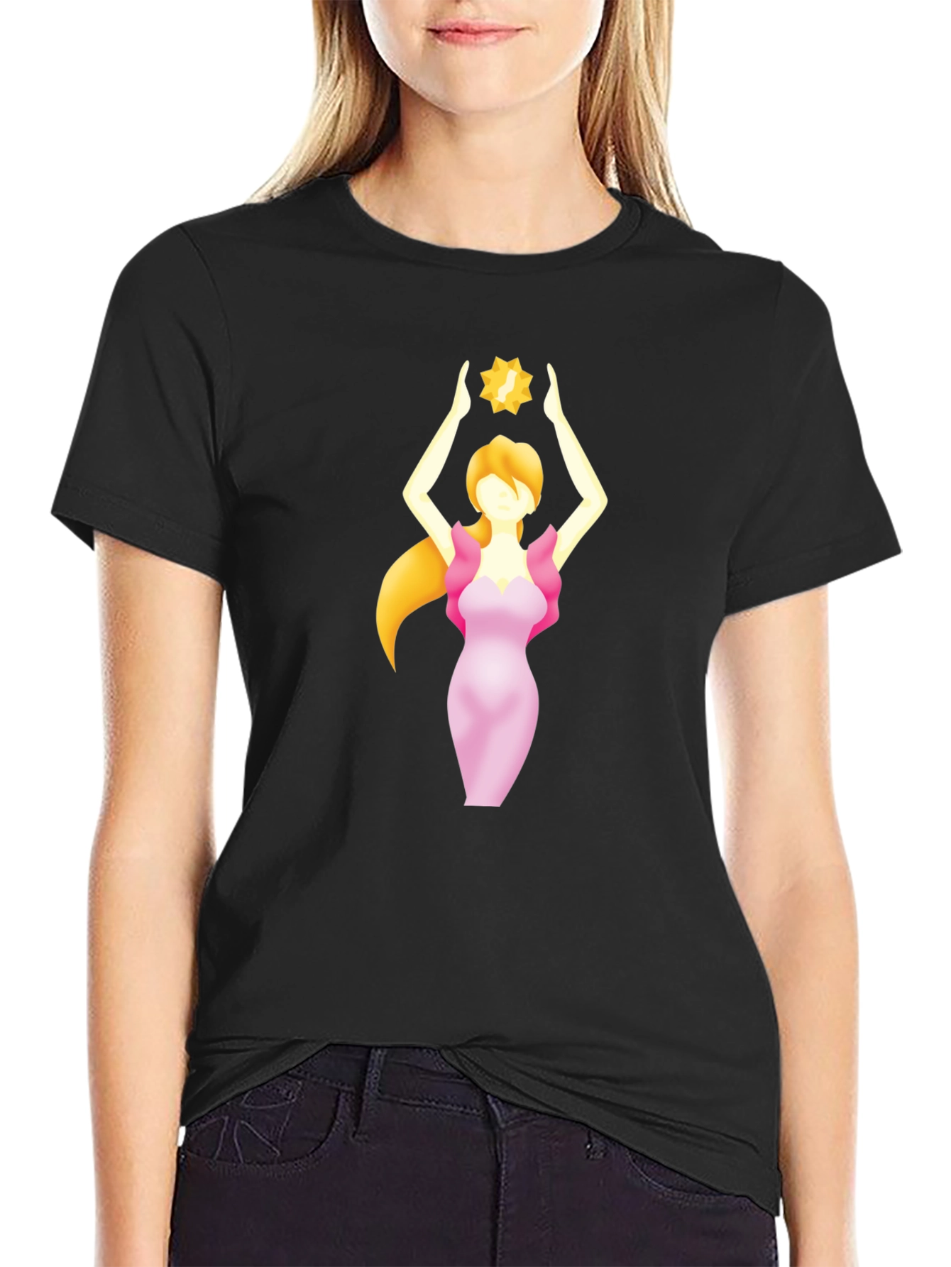 Black T-Shirt with Woman Holding Star Graphic