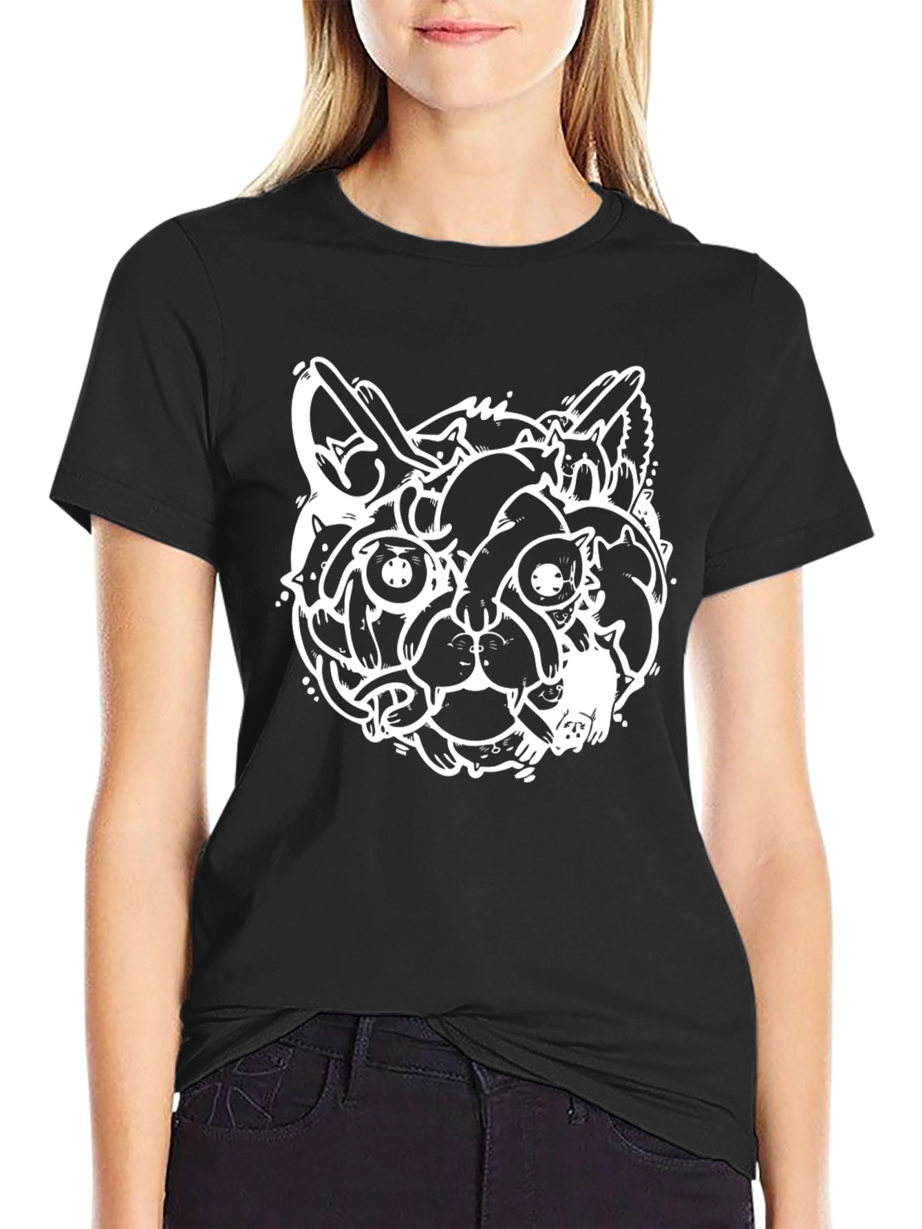 Cat Face Graphic Black T-Shirt