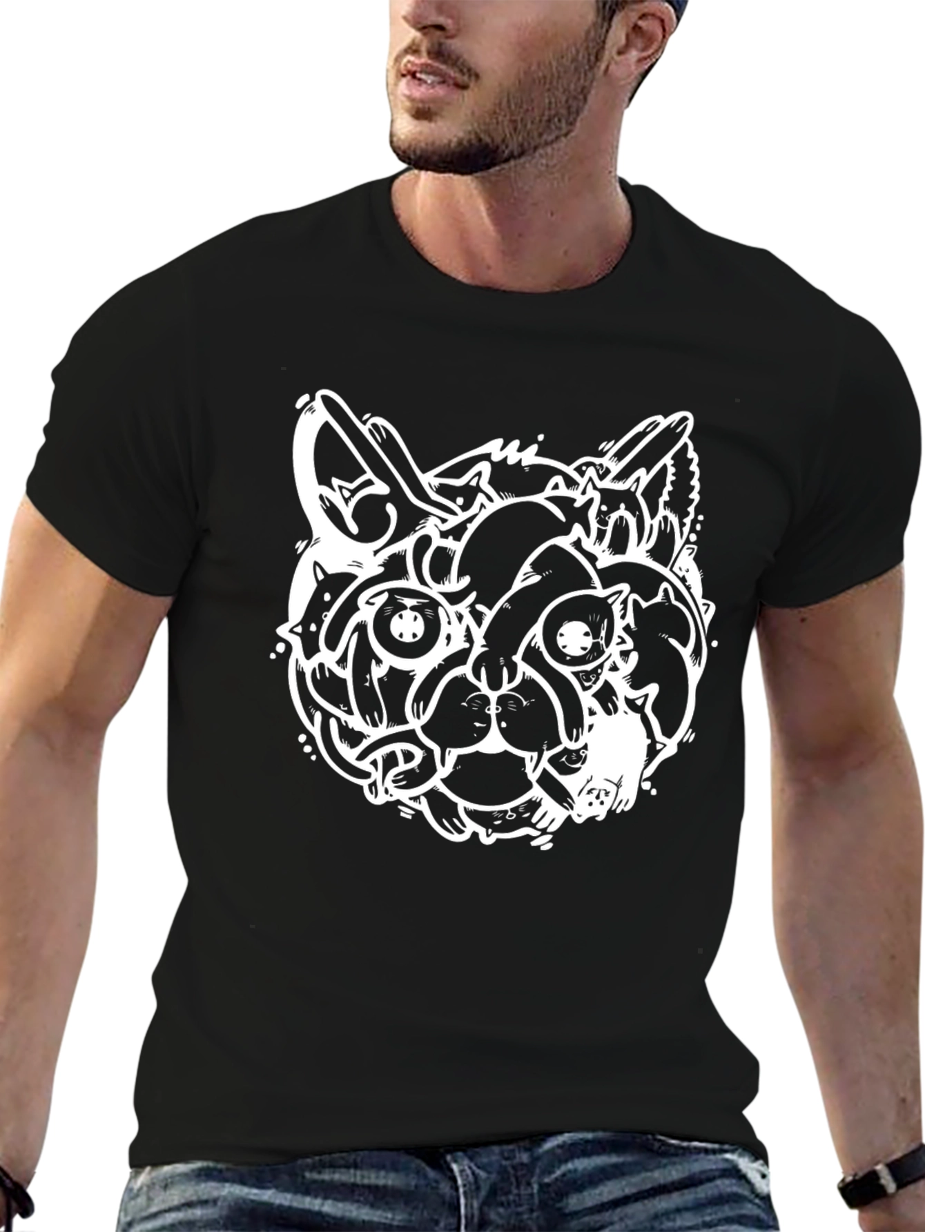 Cat Face Graphic Black T-Shirt