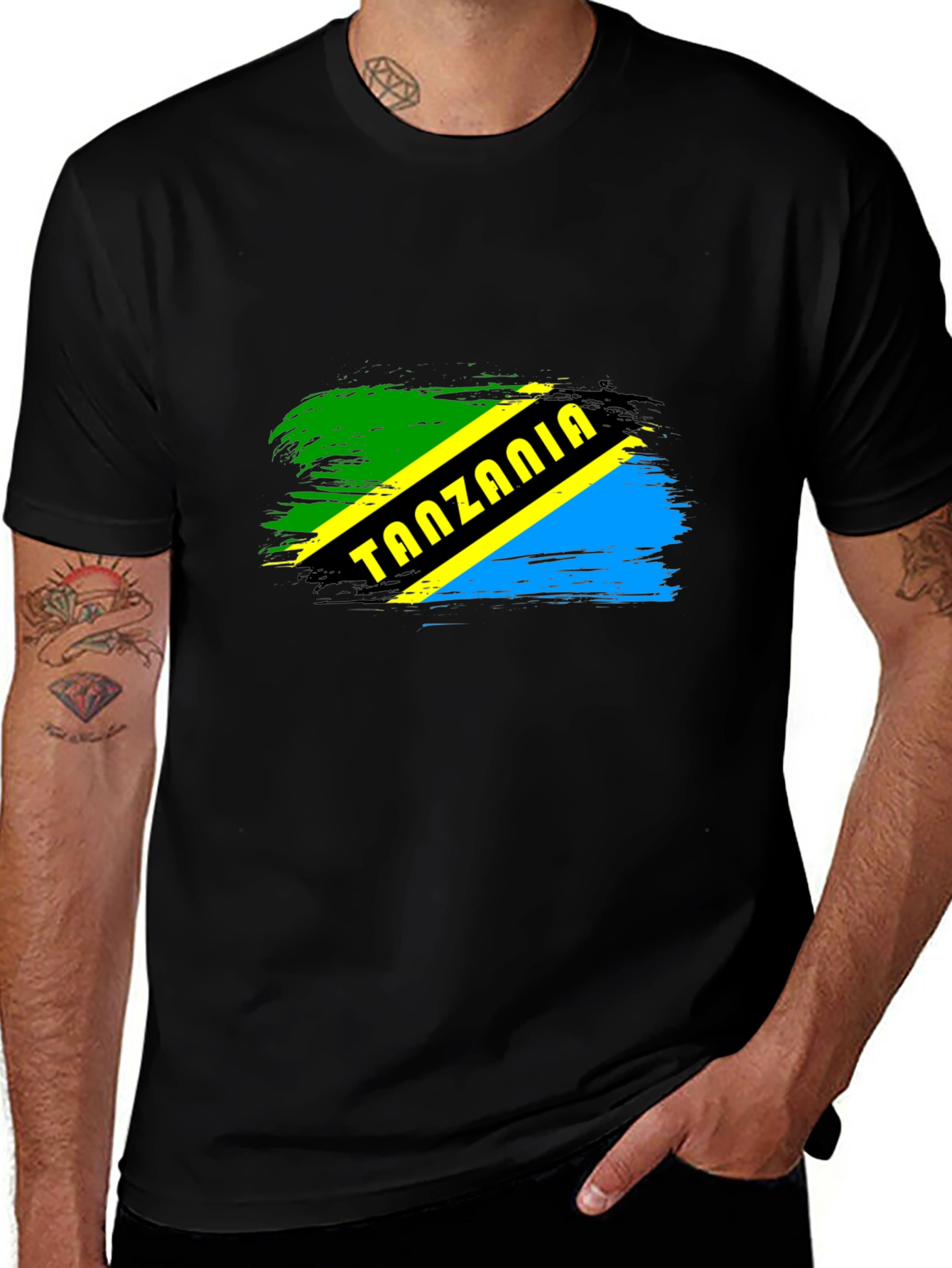 Tanzania Flag Brushstroke Mens Black T-Shirt