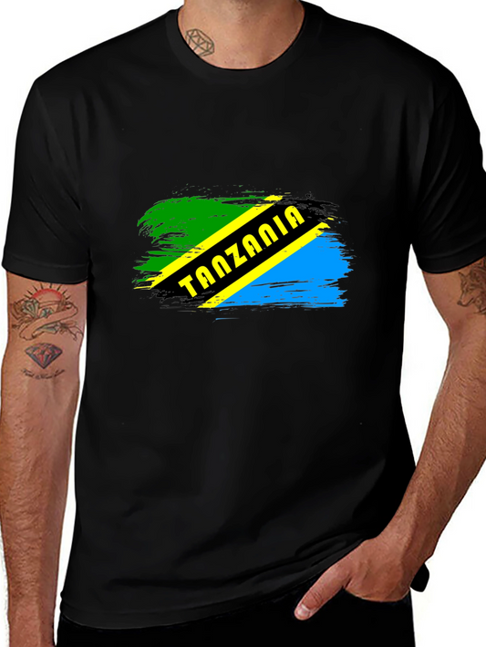 Tanzania Flag Brushstroke Mens Black T-Shirt