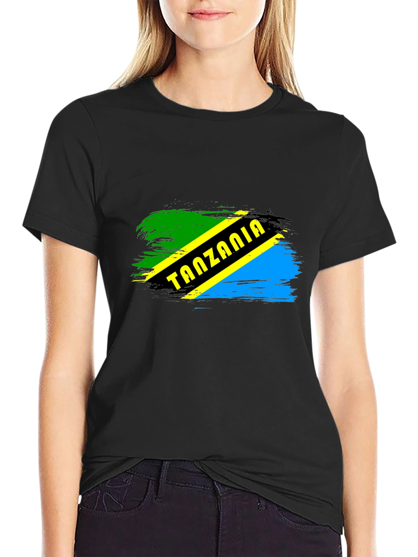 Tanzania Flag Brushstroke Mens Black T-Shirt