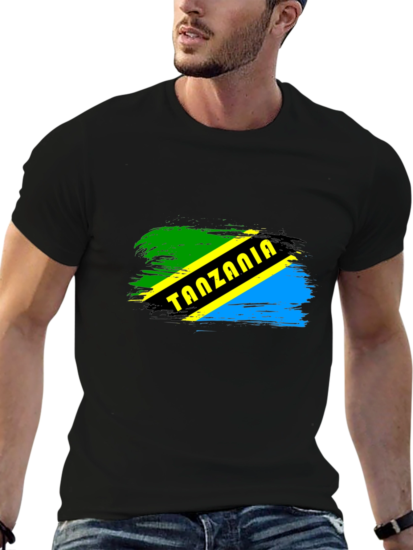 Tanzania Flag Brushstroke Mens Black T-Shirt