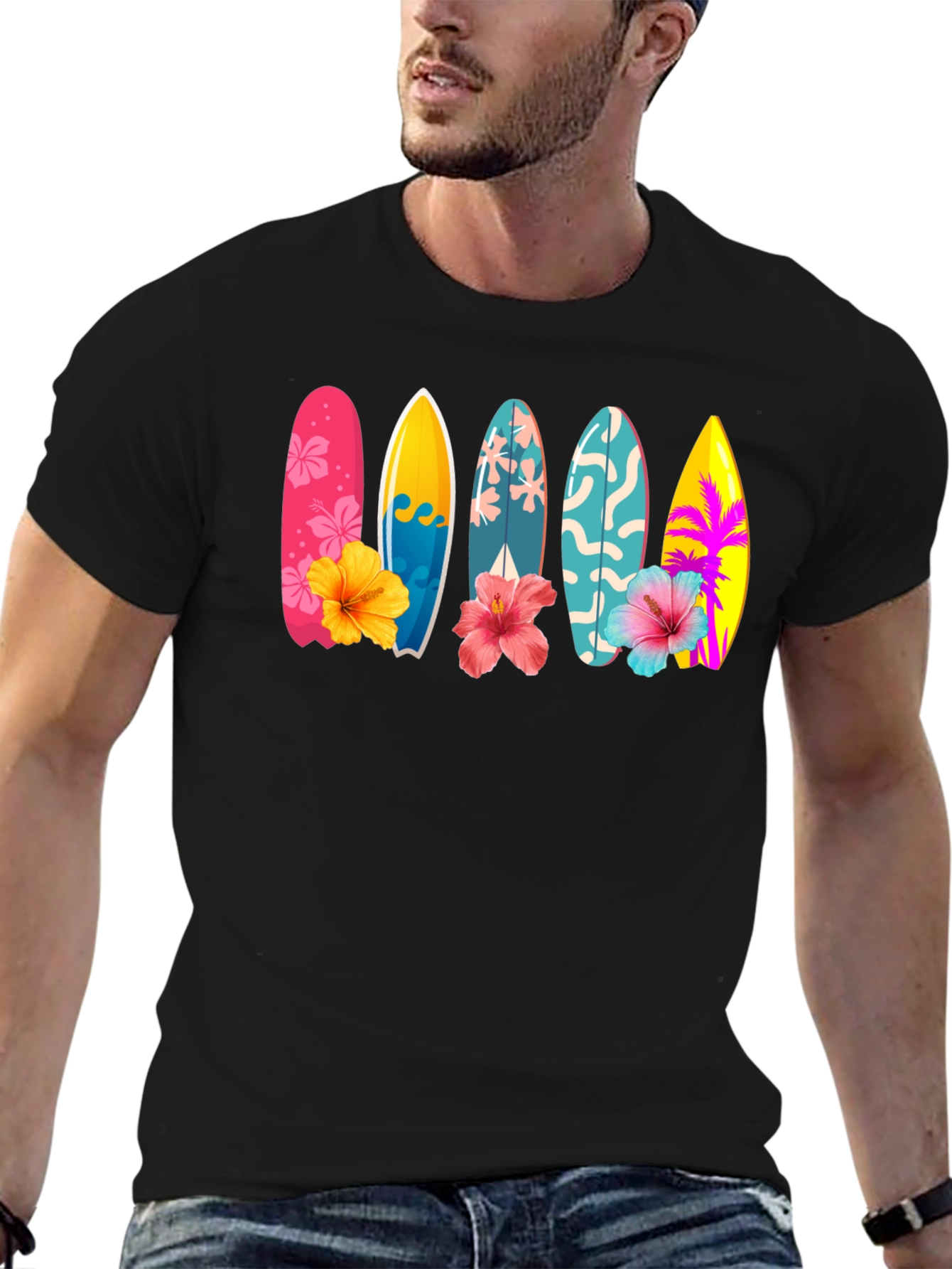 Tropical Surfboard Hibiscus Graphic Tee