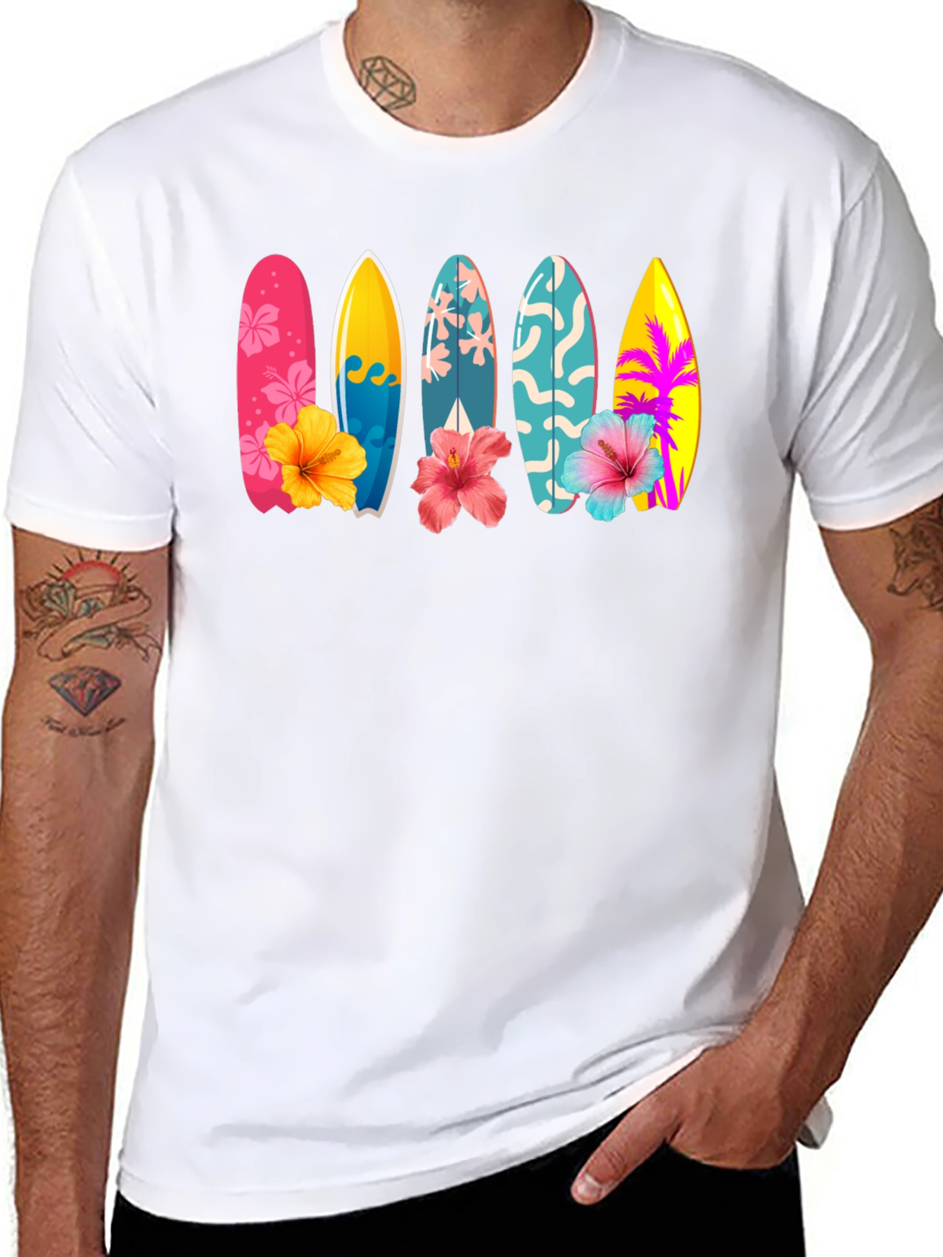 Tropical Surfboard Hibiscus Graphic Tee