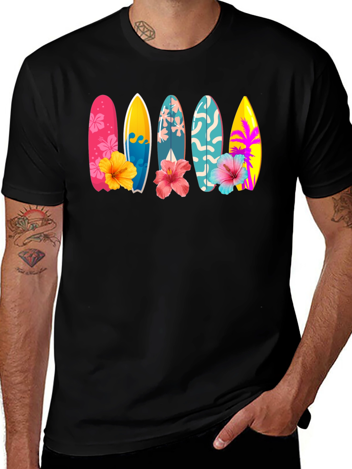 Tropical Surfboard Hibiscus Graphic Tee