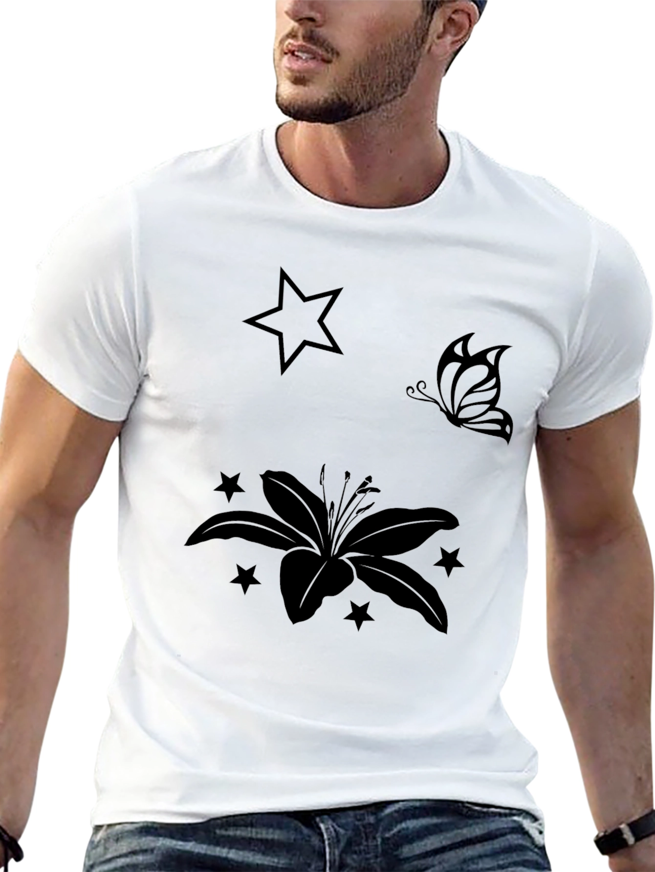 Black Graphic Tee with Floral & Star Design