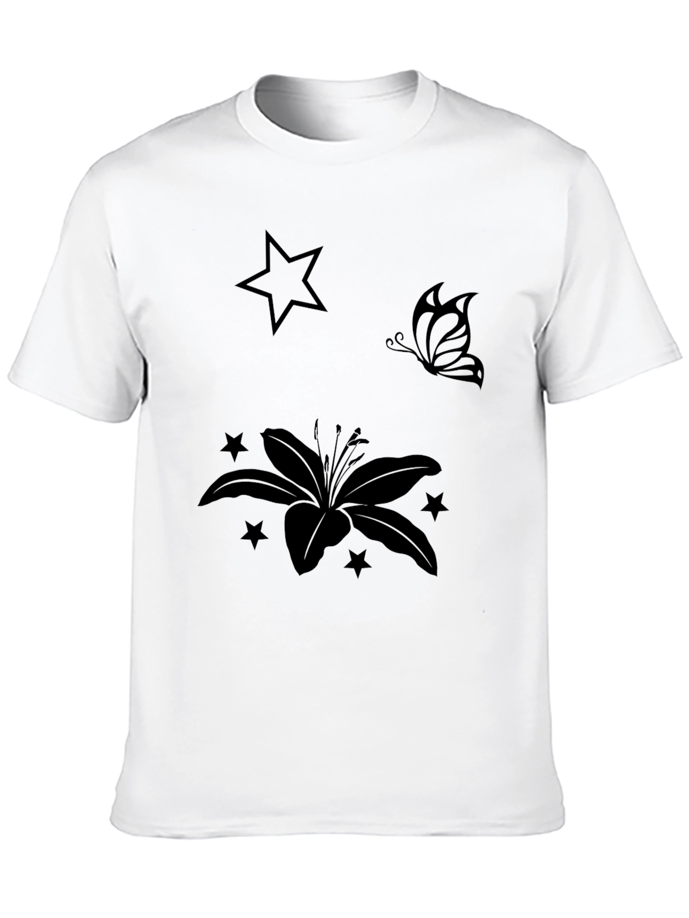 Black Graphic Tee with Floral & Star Design