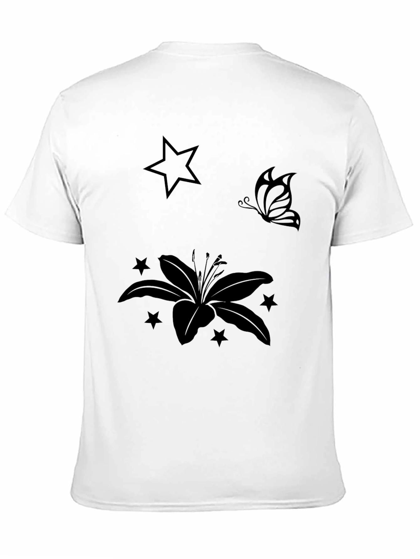 Black Graphic Tee with Floral & Star Design