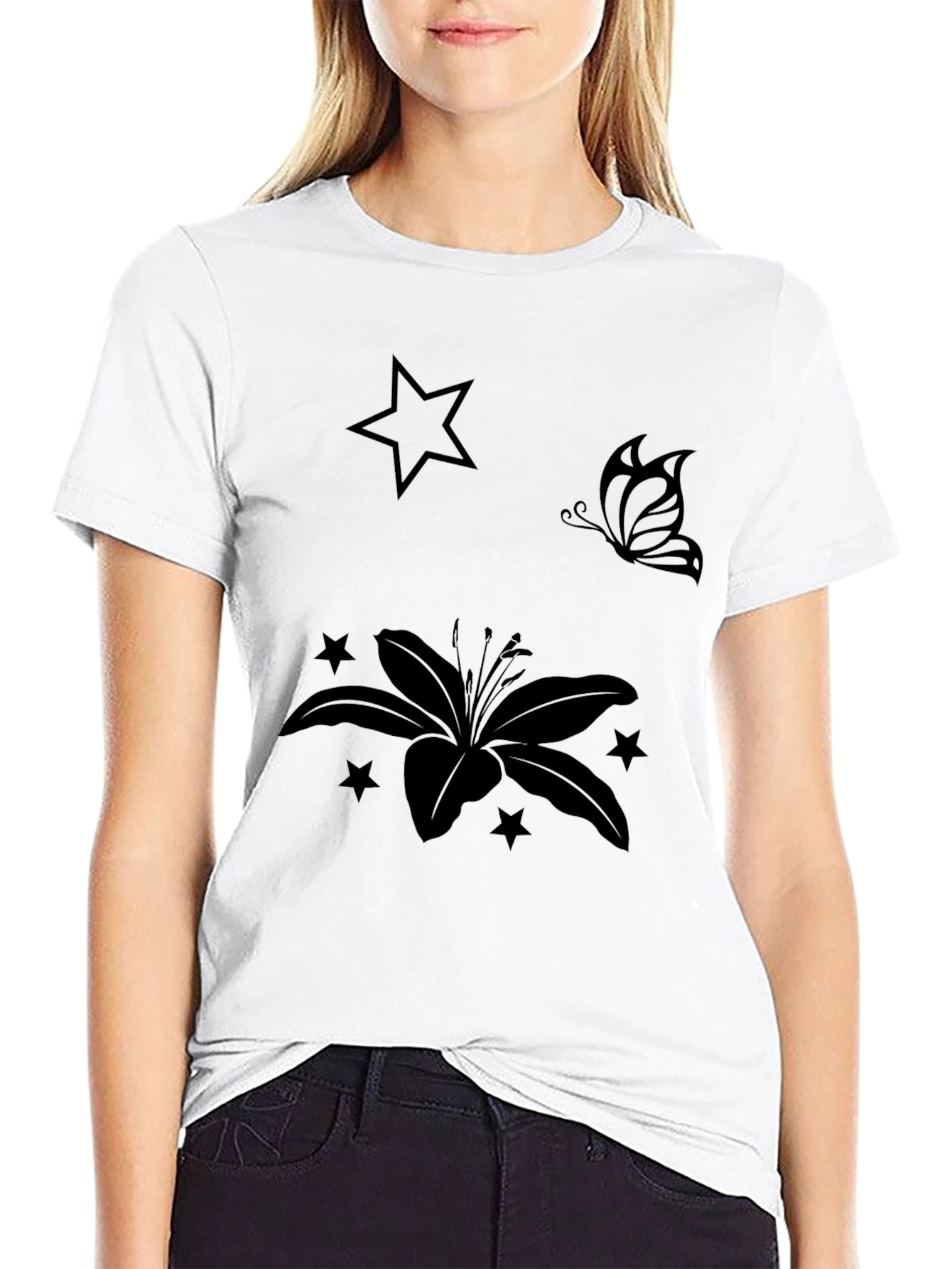 Black Graphic Tee with Floral & Star Design