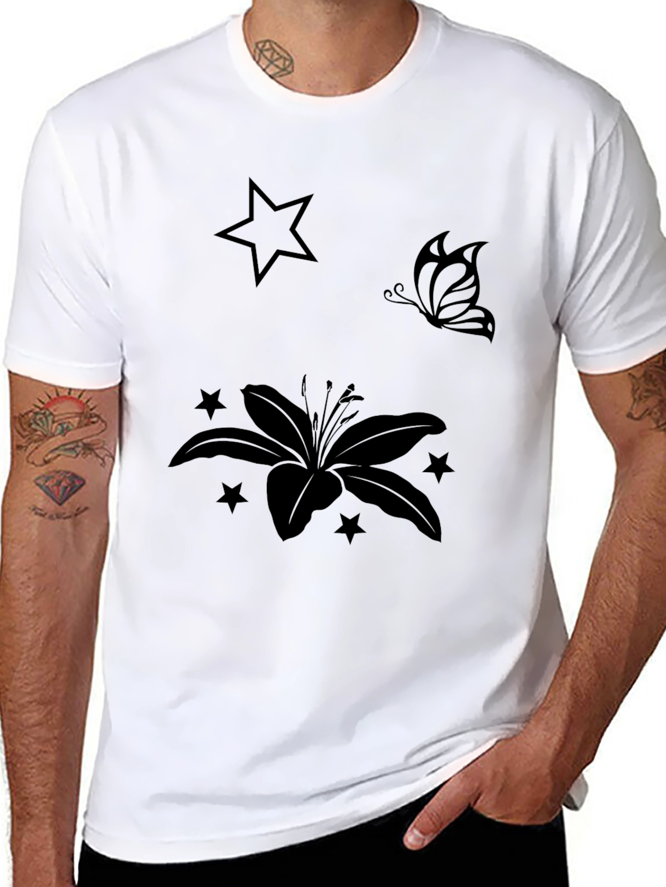 Black Graphic Tee with Floral & Star Design
