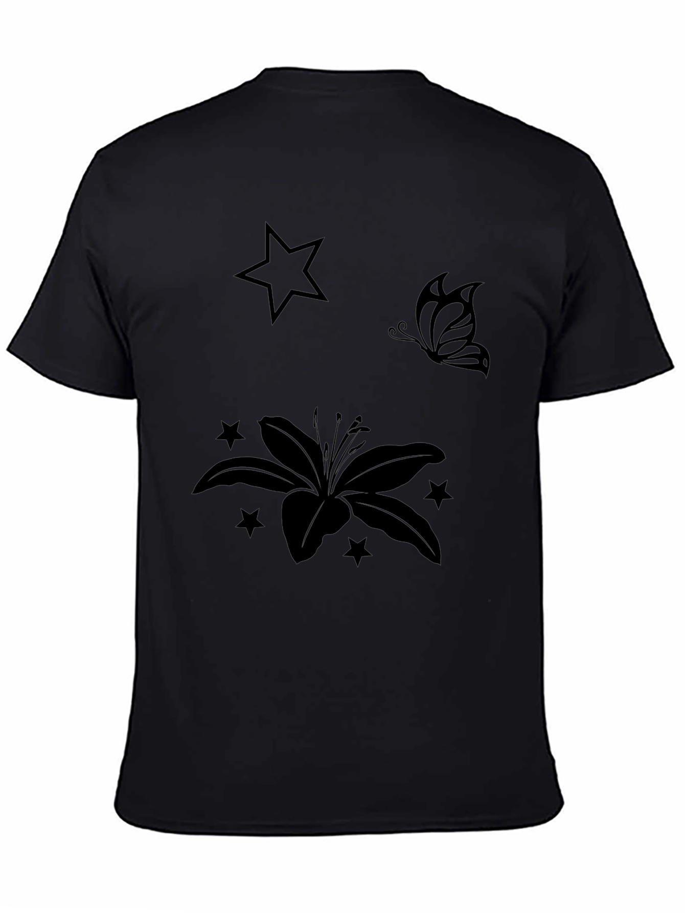 Black Graphic Tee with Floral & Star Design