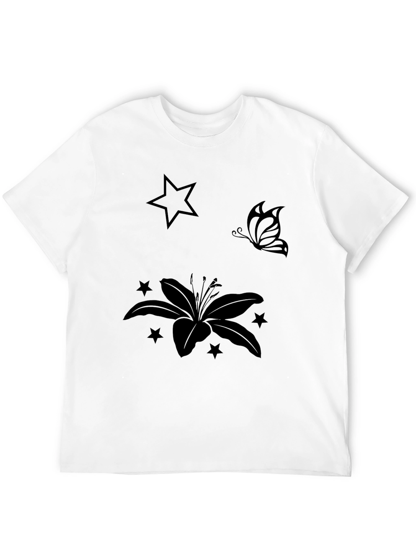Black Graphic Tee with Floral & Star Design