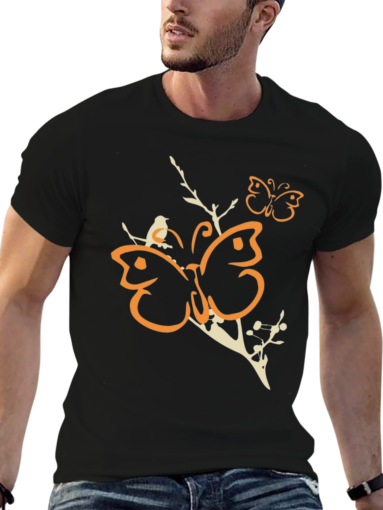 Butterfly Branch Graphic Tee - Mens Black Cotton T-Shirt