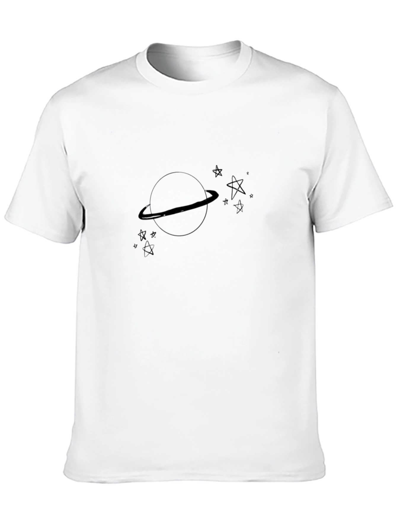 Black Graphic Tee: Saturn & Stars Design