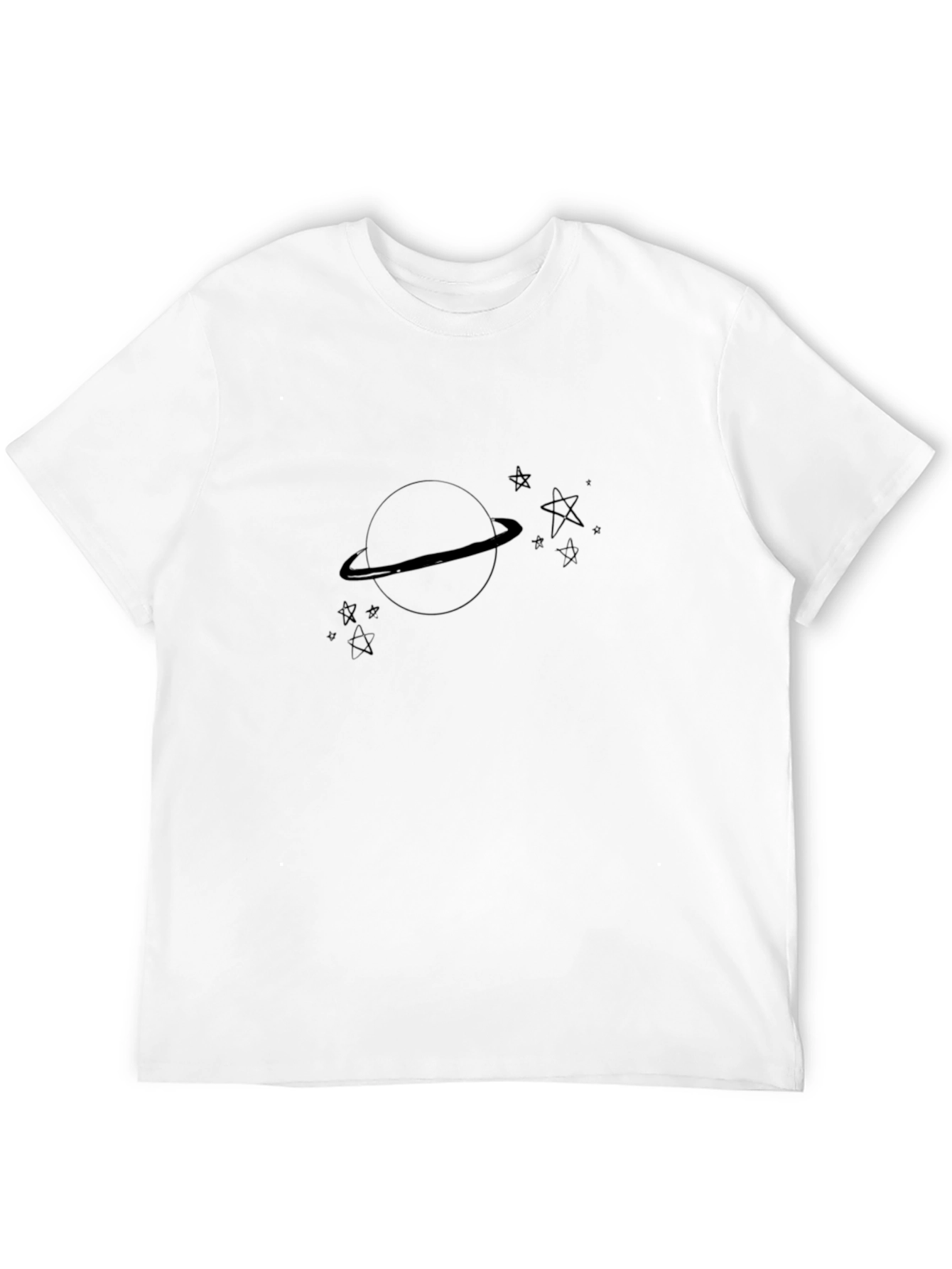 Black Graphic Tee: Saturn & Stars Design