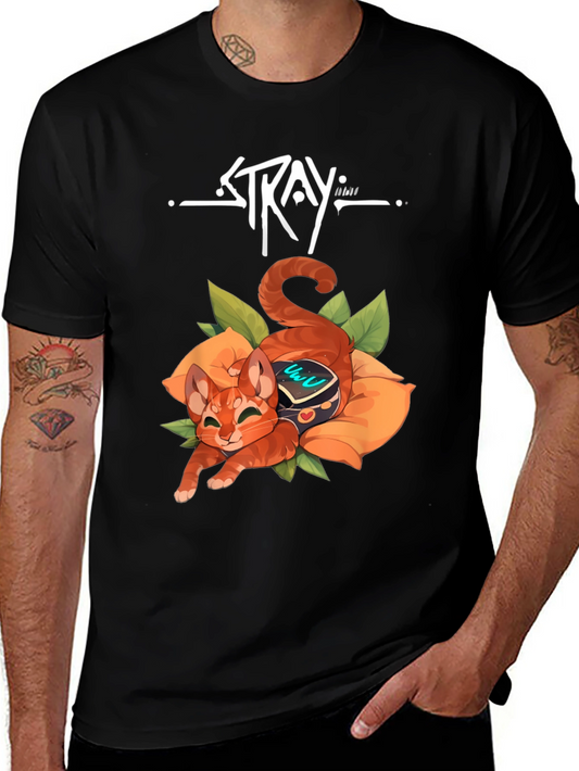 Stray Game Cat Graphic Tee - Black Cotton Comfort