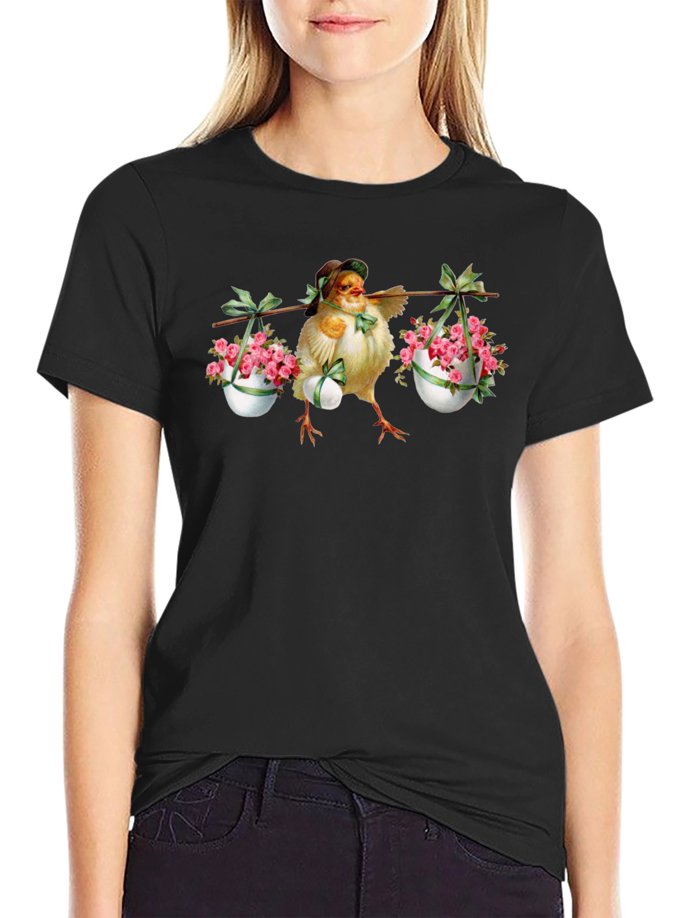 Chick with Easter Eggs & Flowers Graphic Tee