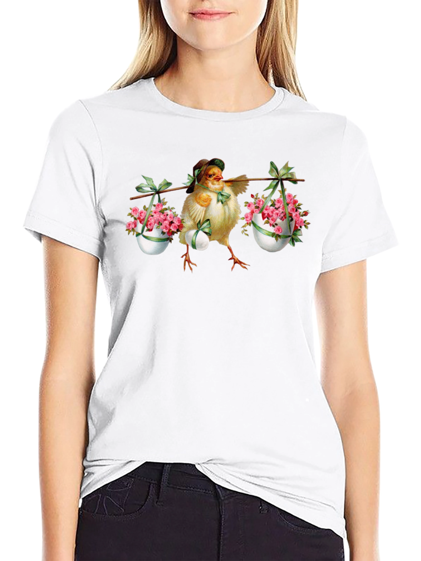 Chick with Easter Eggs & Flowers Graphic Tee