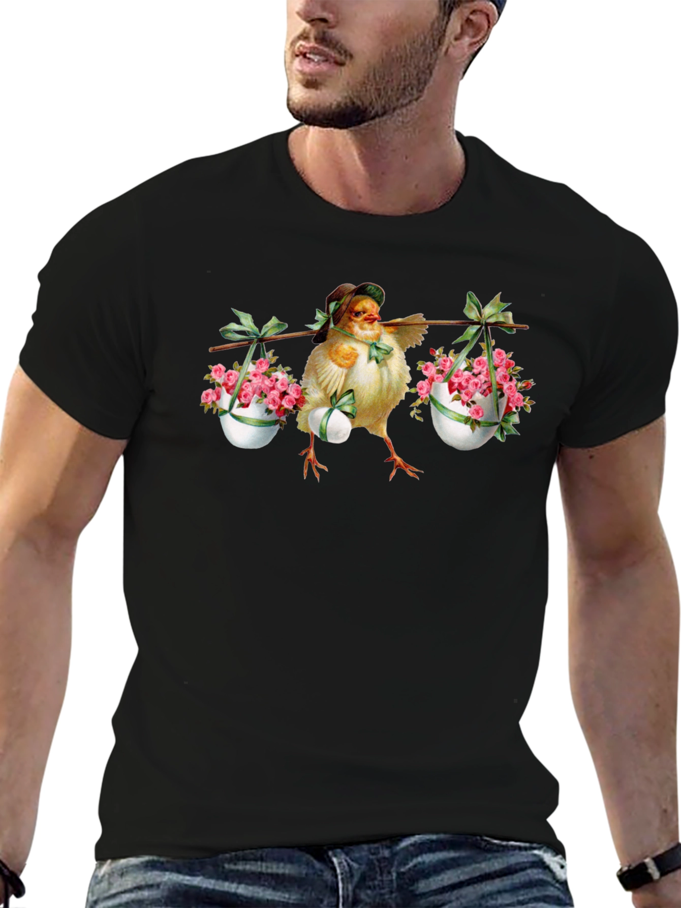 Chick with Easter Eggs & Flowers Graphic Tee