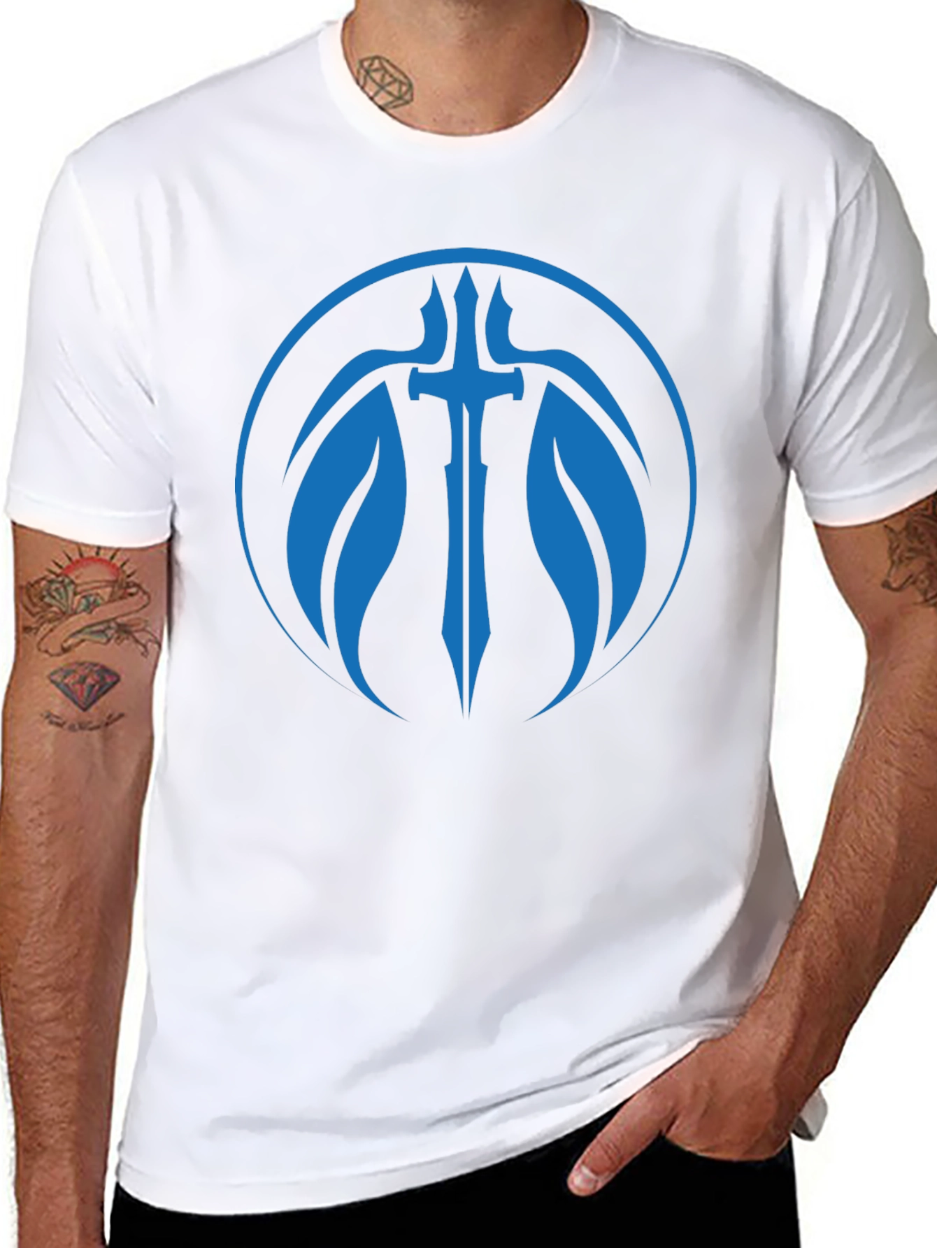 Black T-Shirt with Blue Sword Graphic