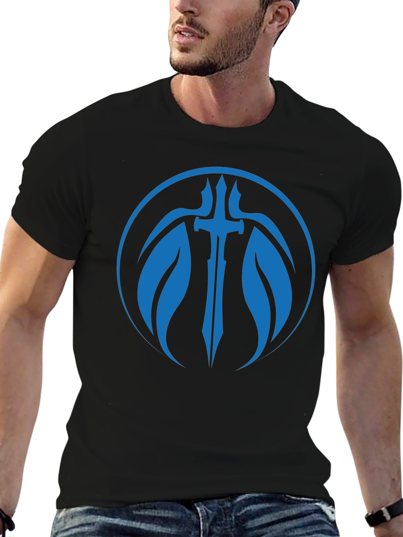 Black T-Shirt with Blue Sword Graphic
