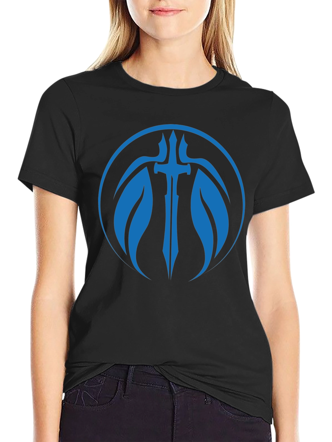 Black T-Shirt with Blue Sword Graphic