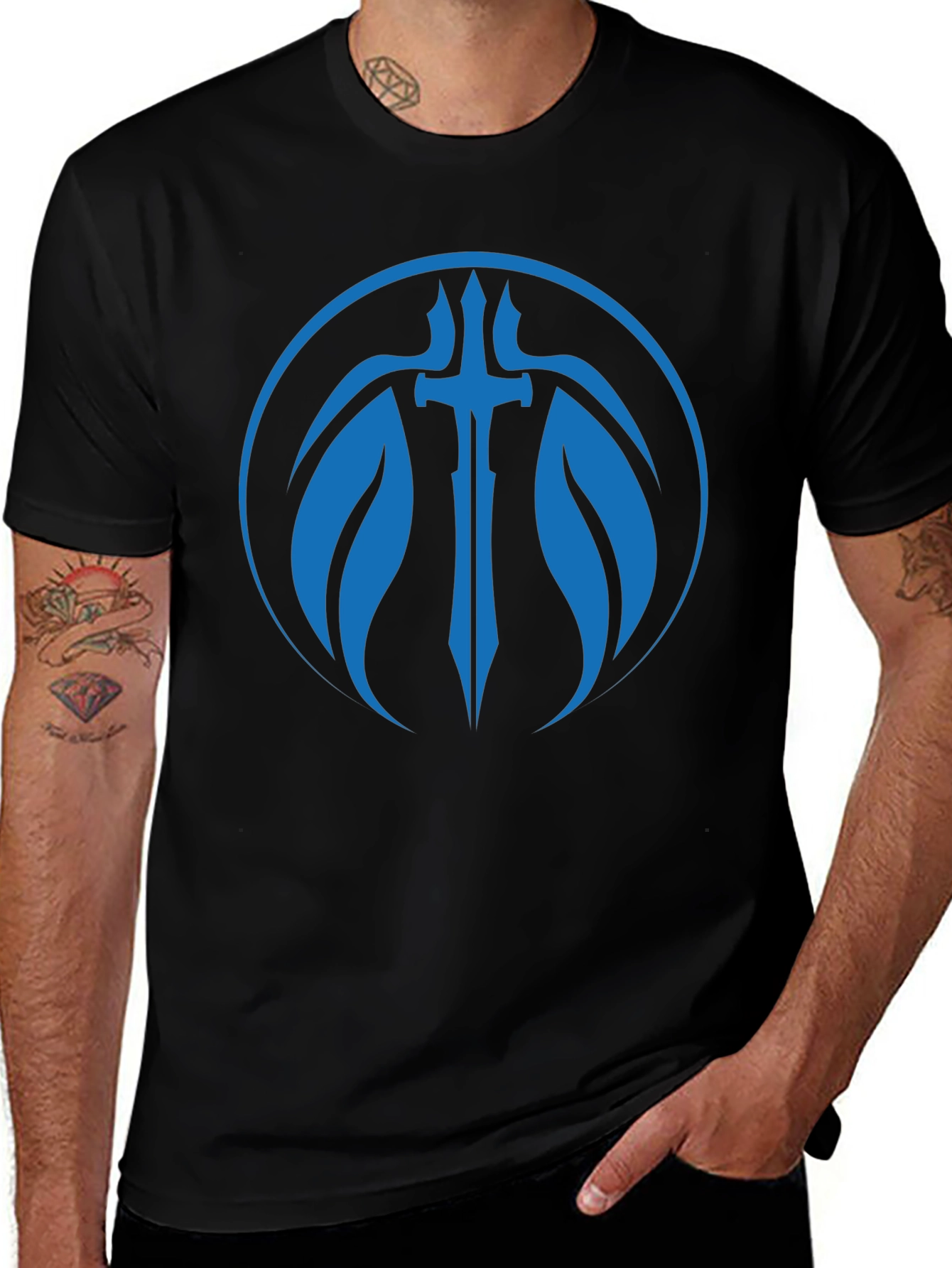 Black T-Shirt with Blue Sword Graphic
