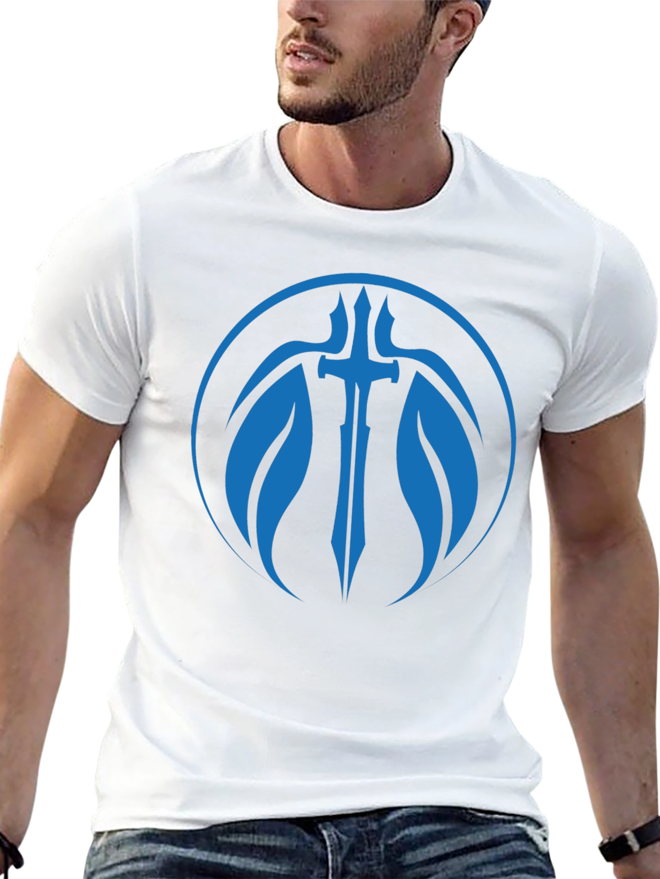 Black T-Shirt with Blue Sword Graphic