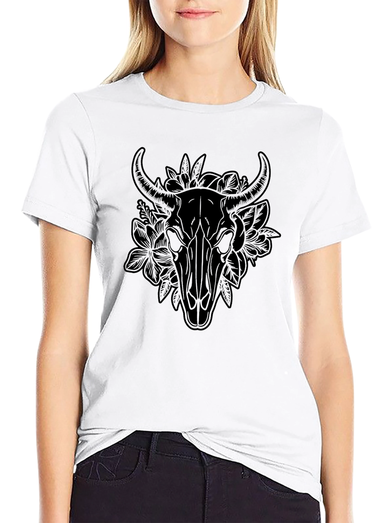 Floral Bull Skull Graphic Tee - Black T-Shirt