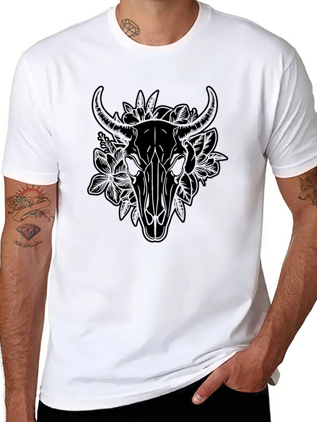 Floral Bull Skull Graphic Tee - Black T-Shirt