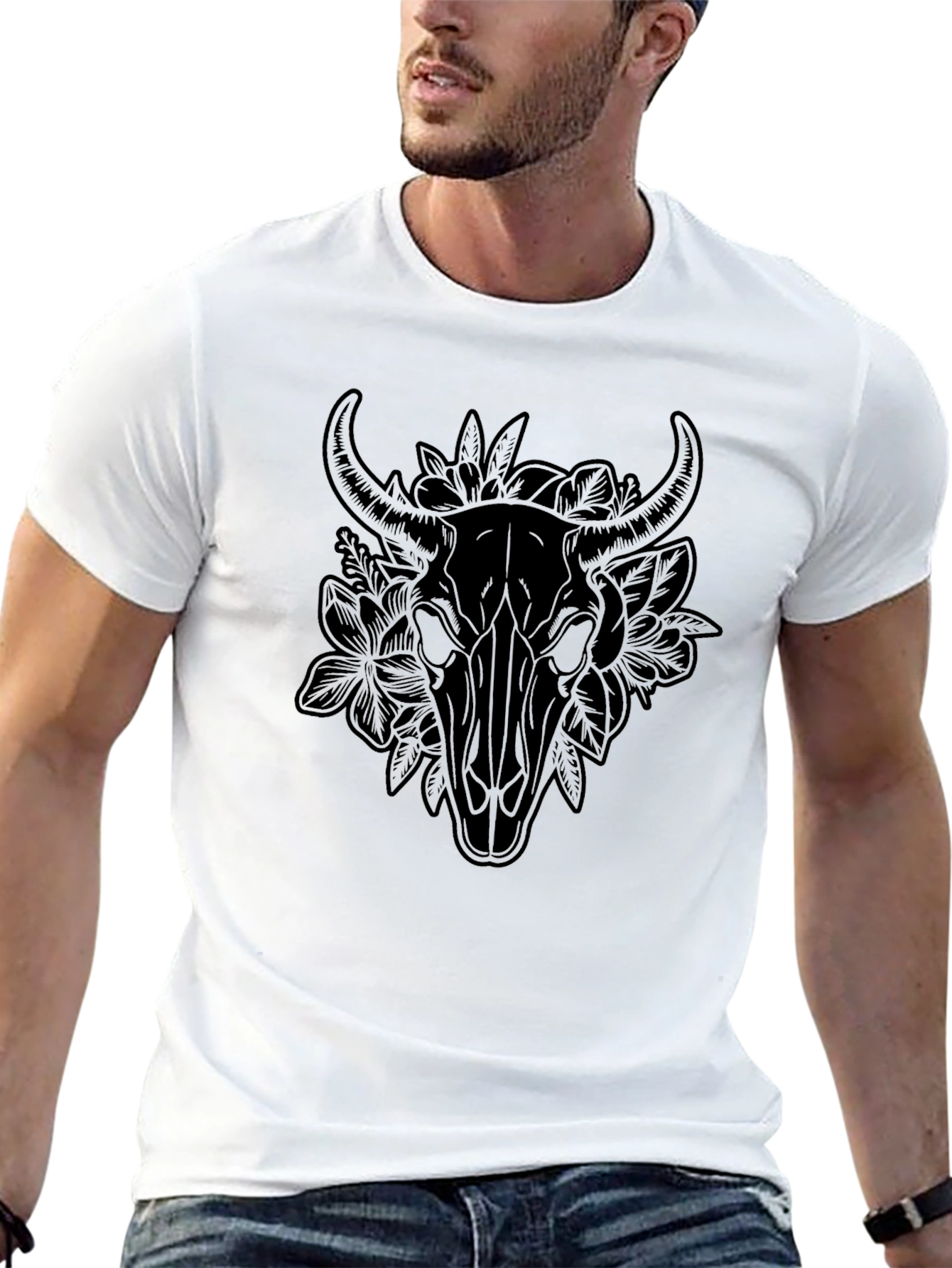 Floral Bull Skull Graphic Tee - Black T-Shirt