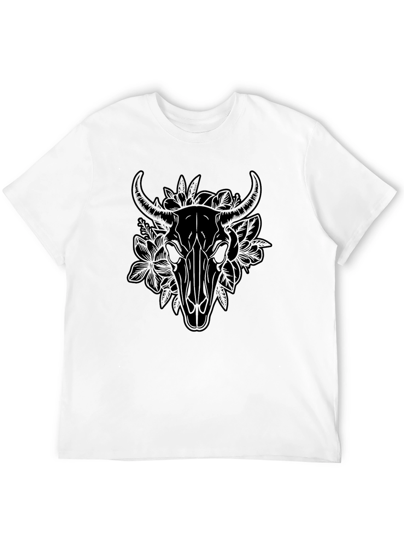 Floral Bull Skull Graphic Tee - Black T-Shirt