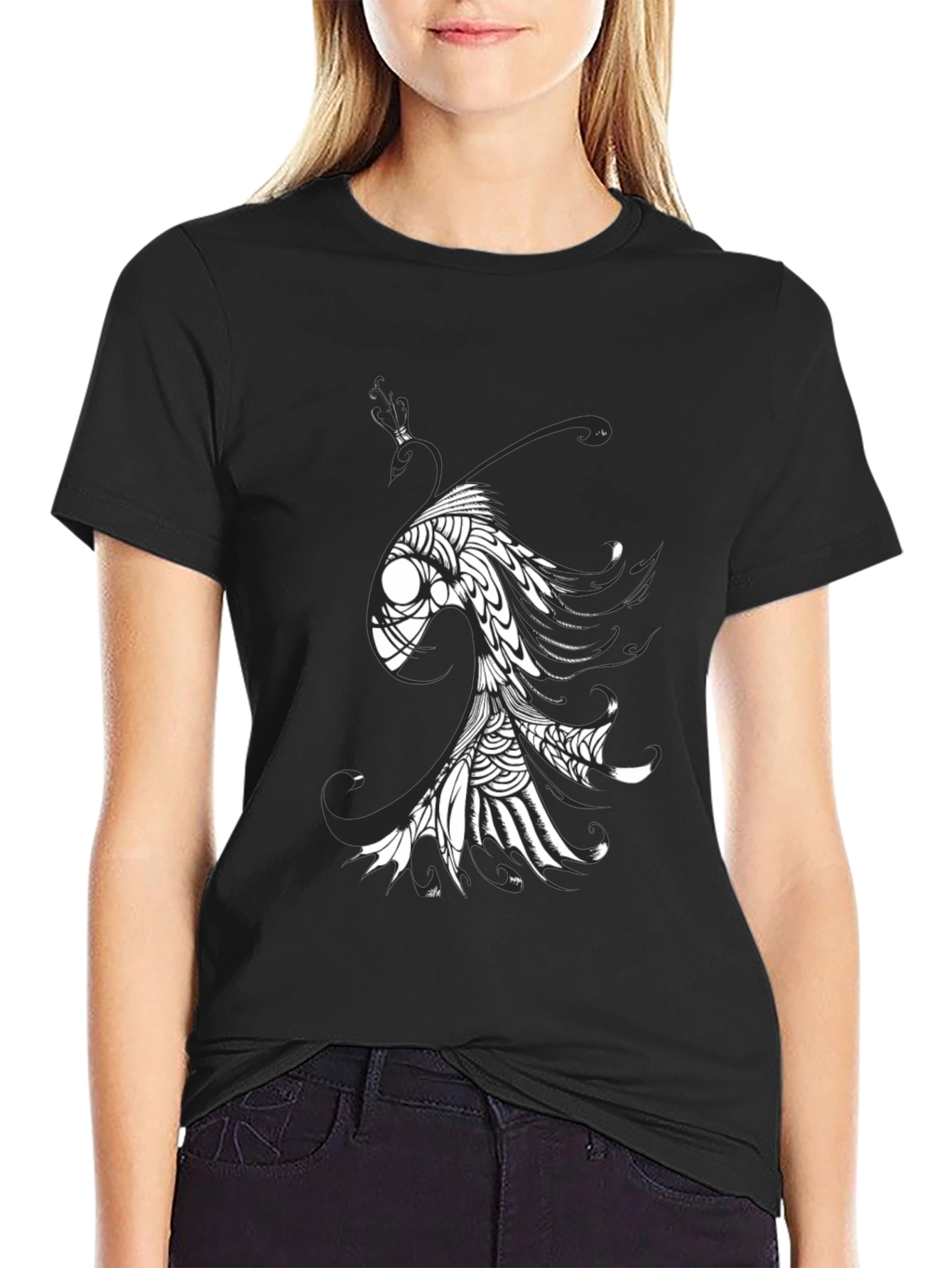 Abstract Fish Graphic Tee - Black Cotton Blend
