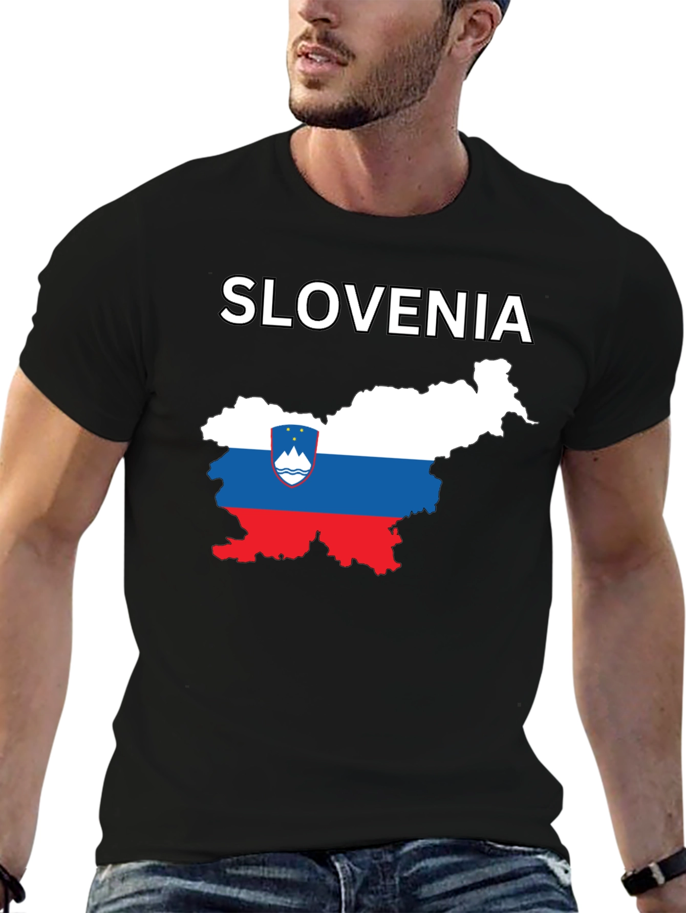 Slovenia Map Flag Graphic Print Black T-Shirt