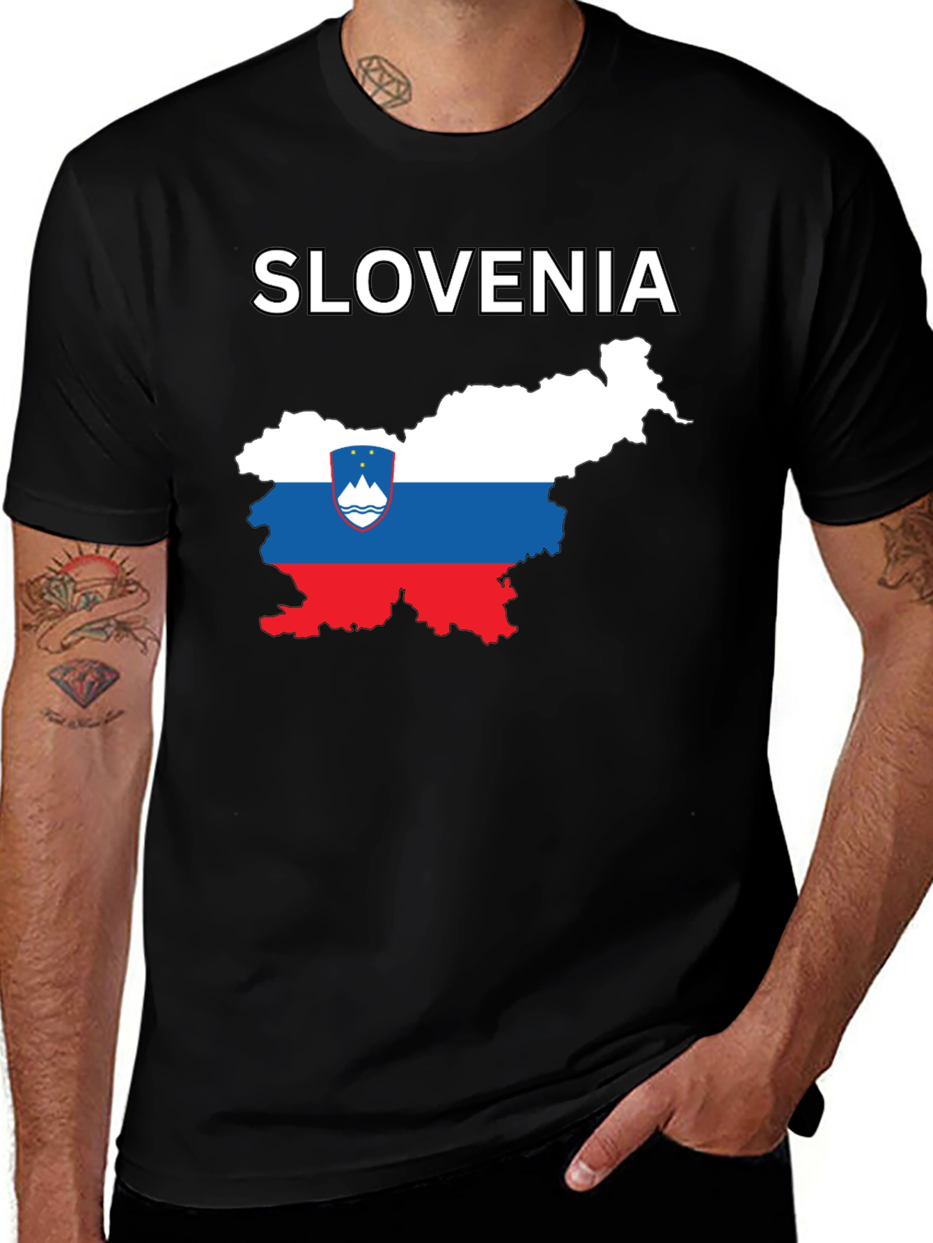 Slovenia Map Flag Graphic Print Black T-Shirt