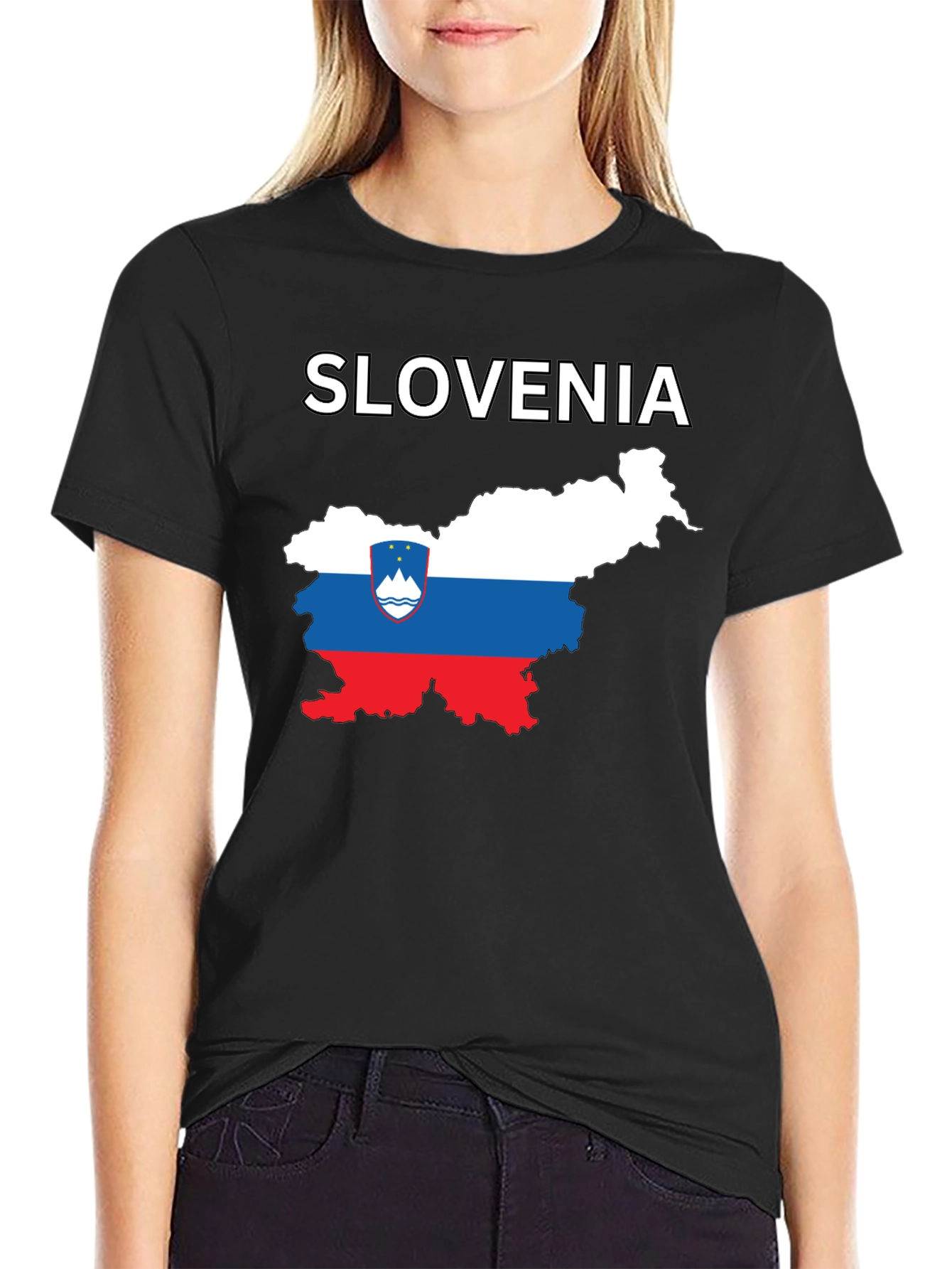Slovenia Map Flag Graphic Print Black T-Shirt