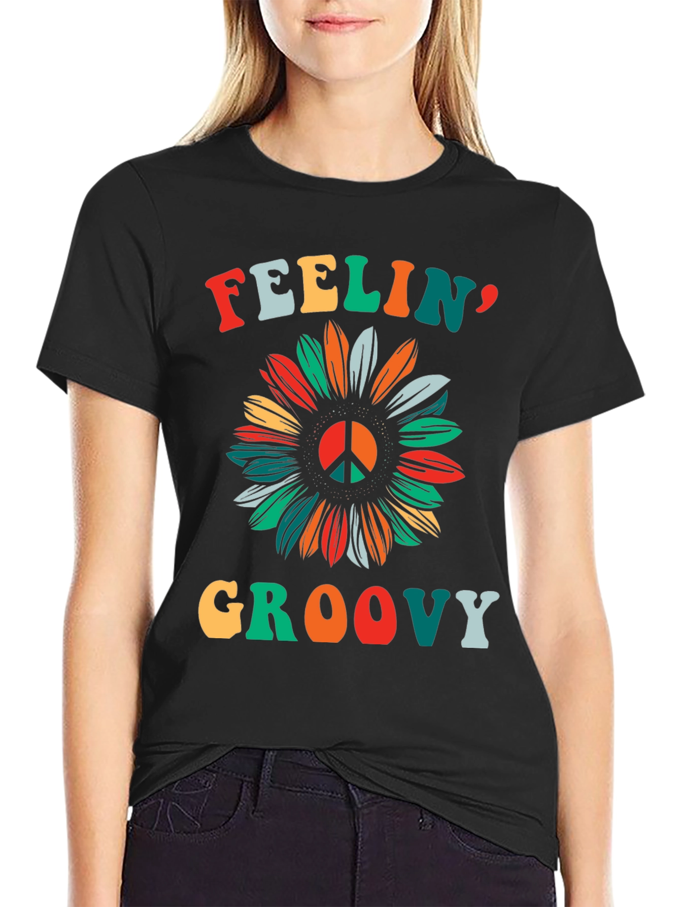Feelin Groovy Peace Sign Sunflower Graphic Tee