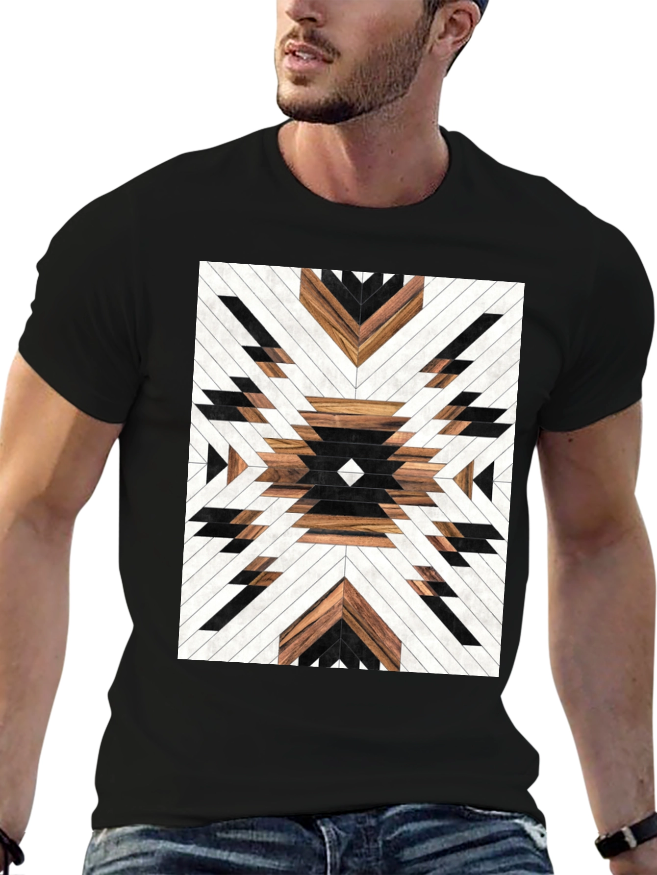 Geometric Wood Pattern Graphic Tee - Modern Design