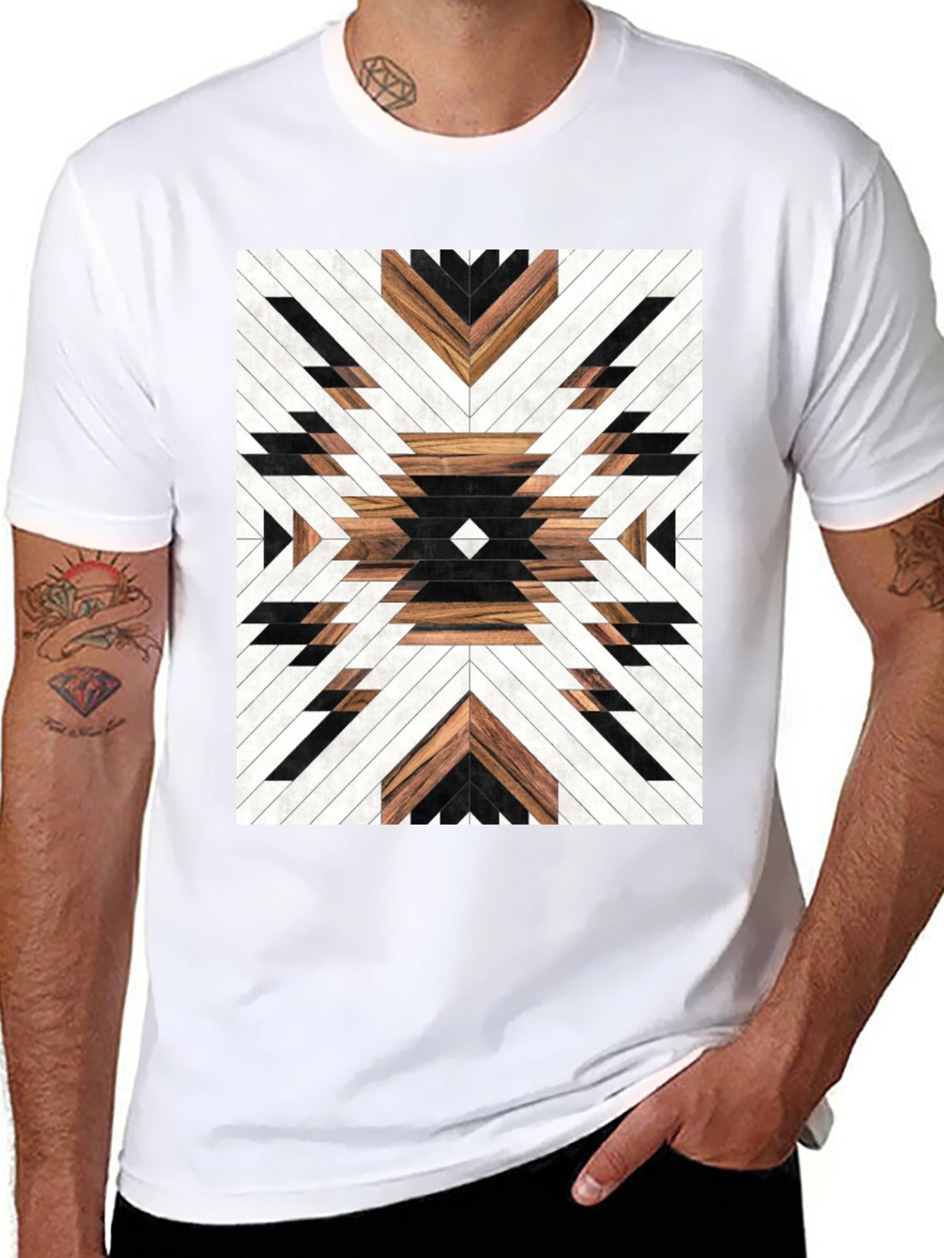 Geometric Wood Pattern Graphic Tee - Modern Design