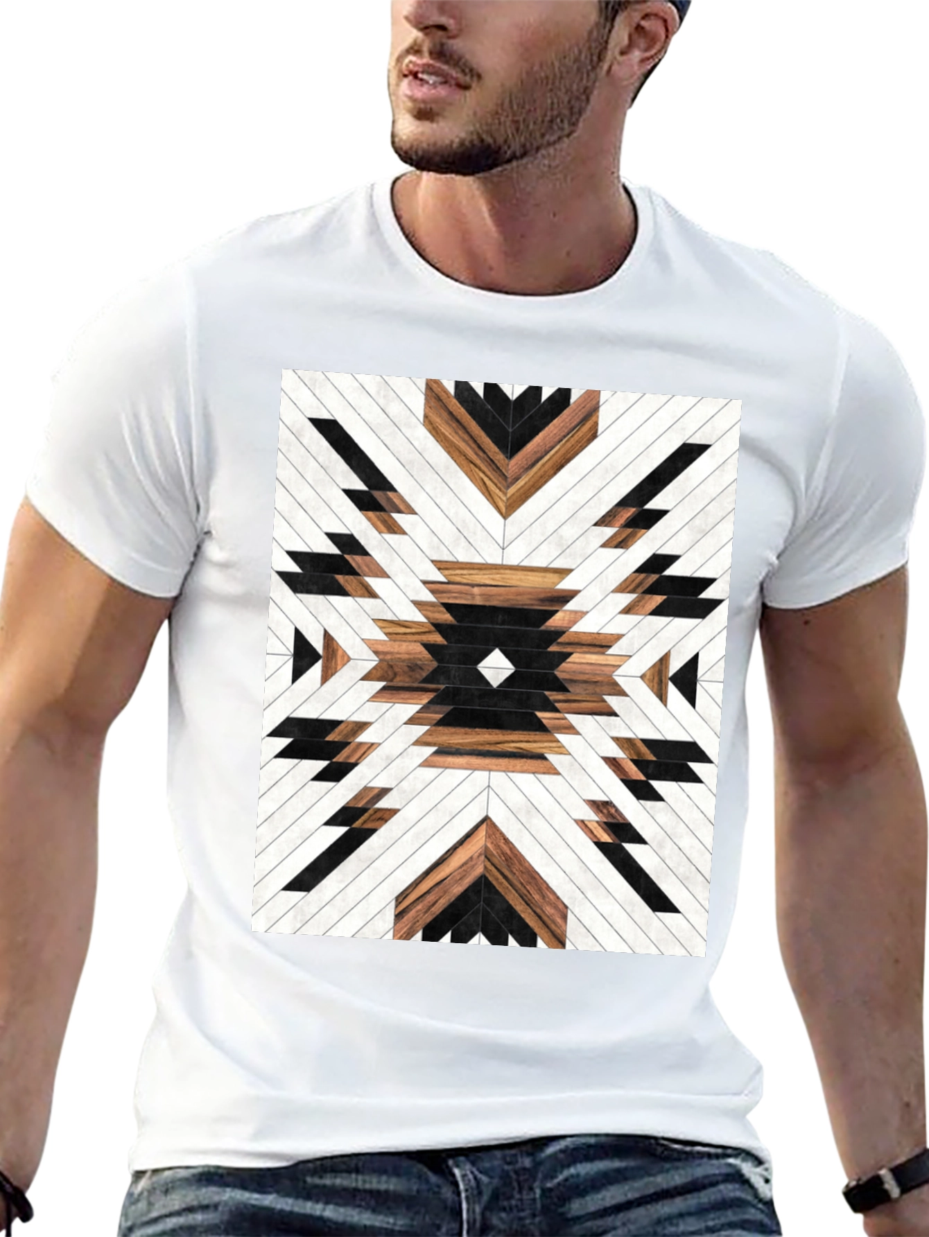 Geometric Wood Pattern Graphic Tee - Modern Design